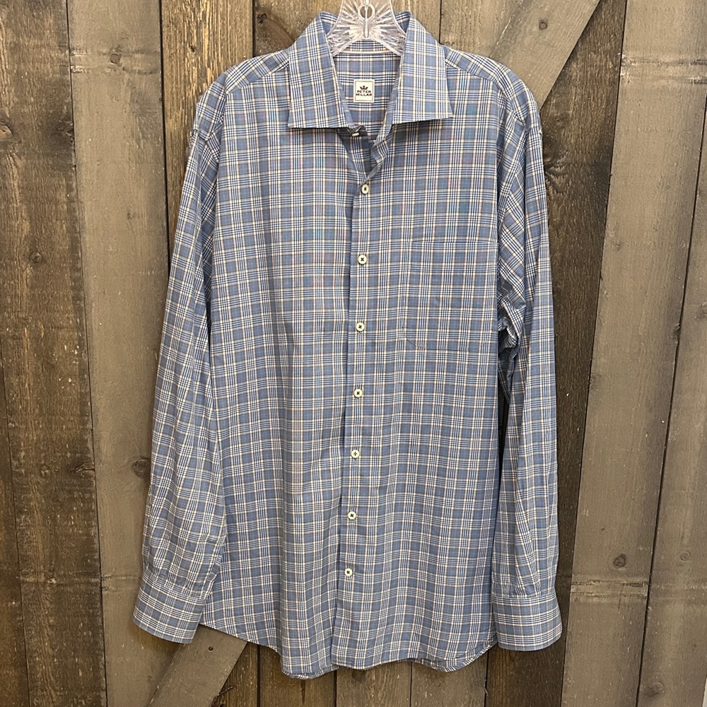Peter Millar Blue Plaid Button Down Dress Shirt Men’s Large